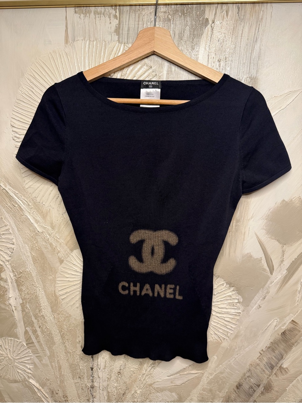 CHANEL 11P VINTAGE BLACK CC LOGO SILK COTTON TOP FR38